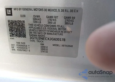 2018 GMC Sierra 1500 Slt из США, поврежденный, VIN 3GTU2NECXJG630178